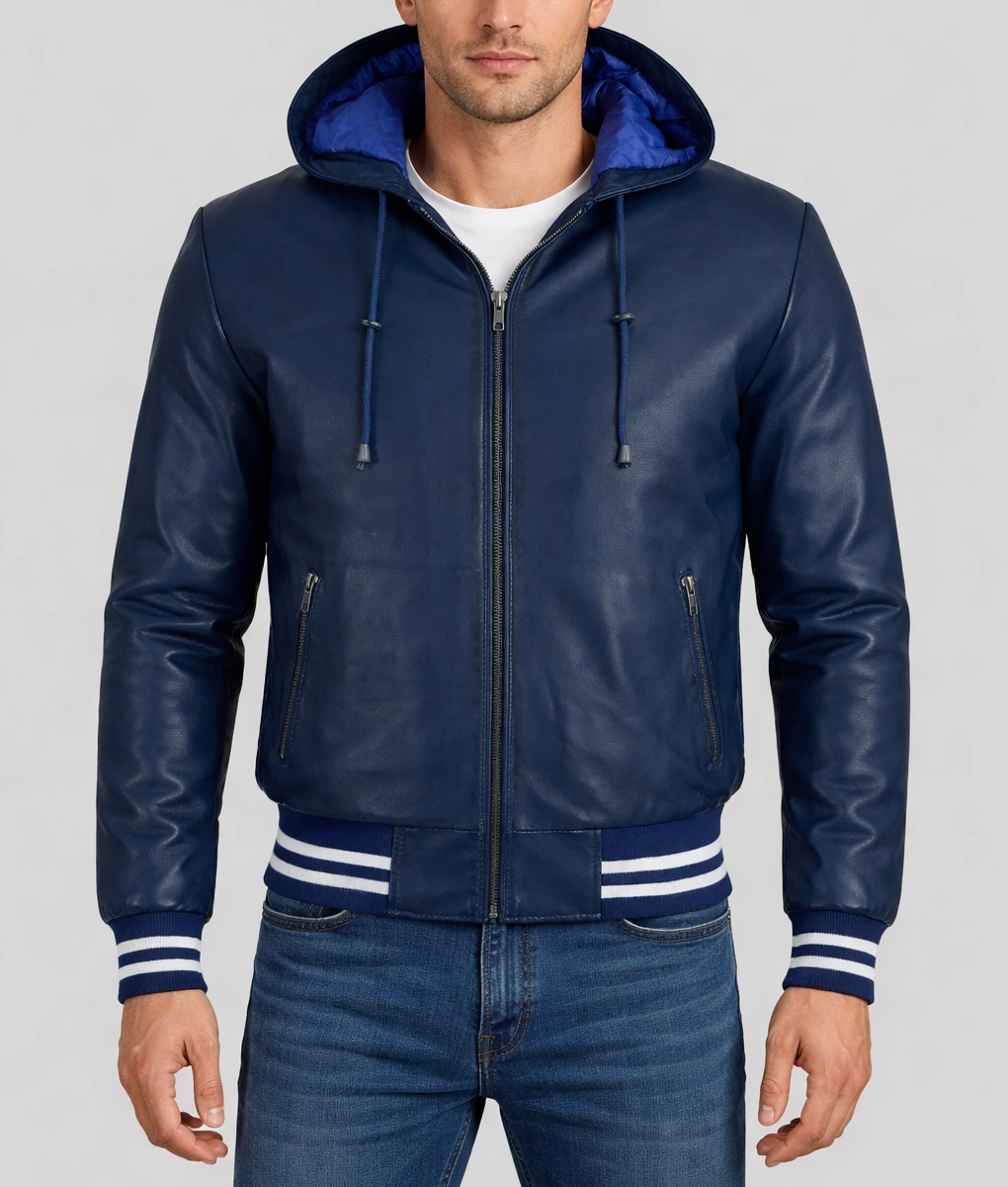 Finn Men's Casual Blue Hooded Bomber Leather Jacket-Front