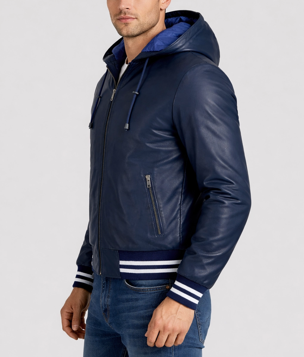 Finn Men's Casual Blue Hooded Bomber Leather Jacket-Side
