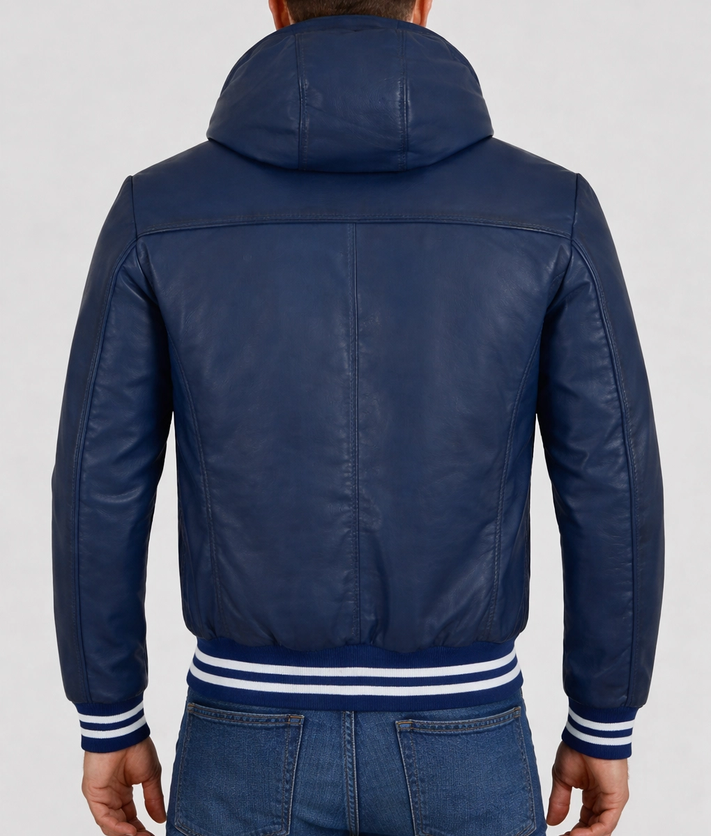 Finn Men's Casual Blue Hooded Bomber Leather Jacket-Back