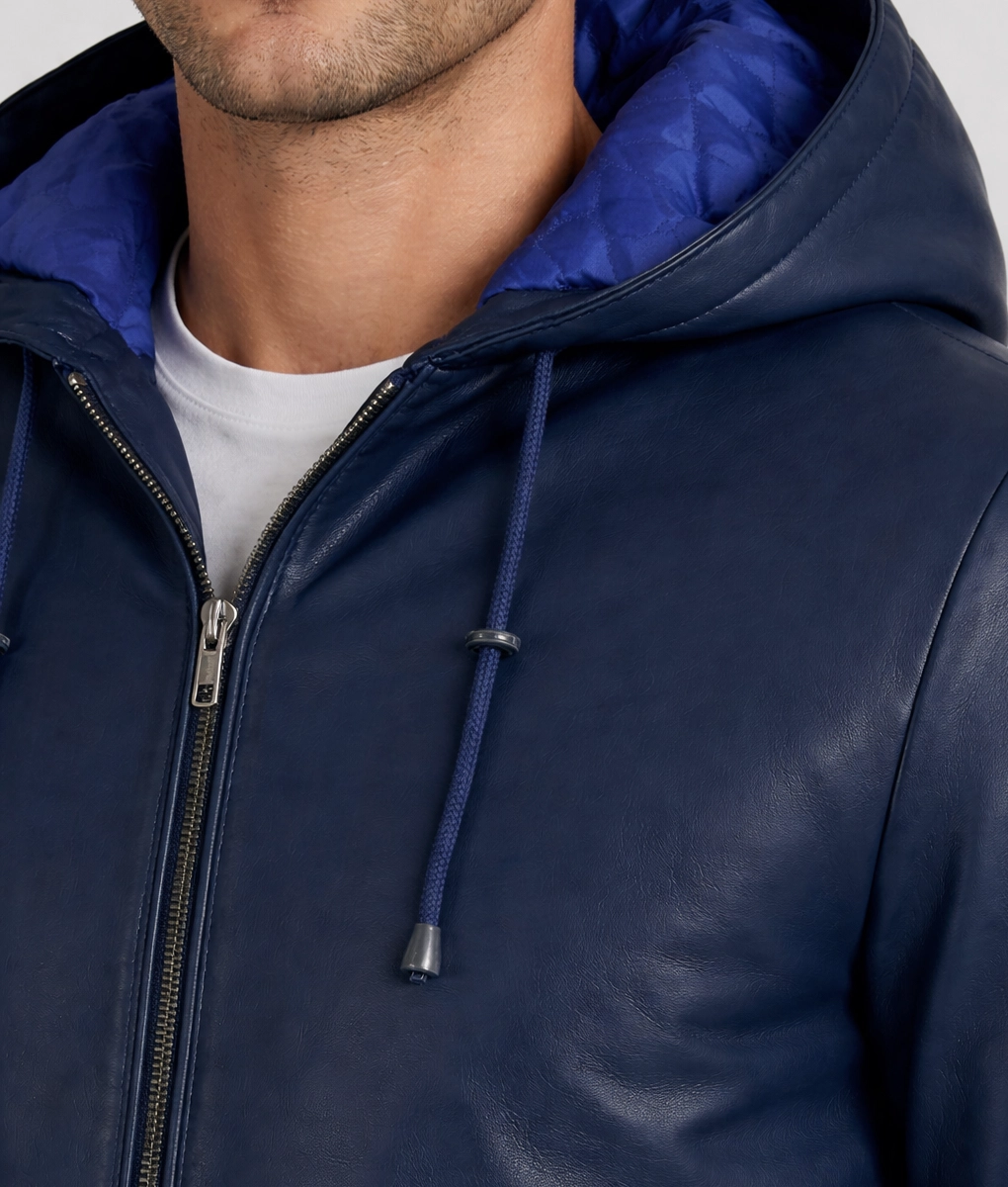 Finn Men's Casual Blue Hooded Bomber Leather Jacket-Zoom