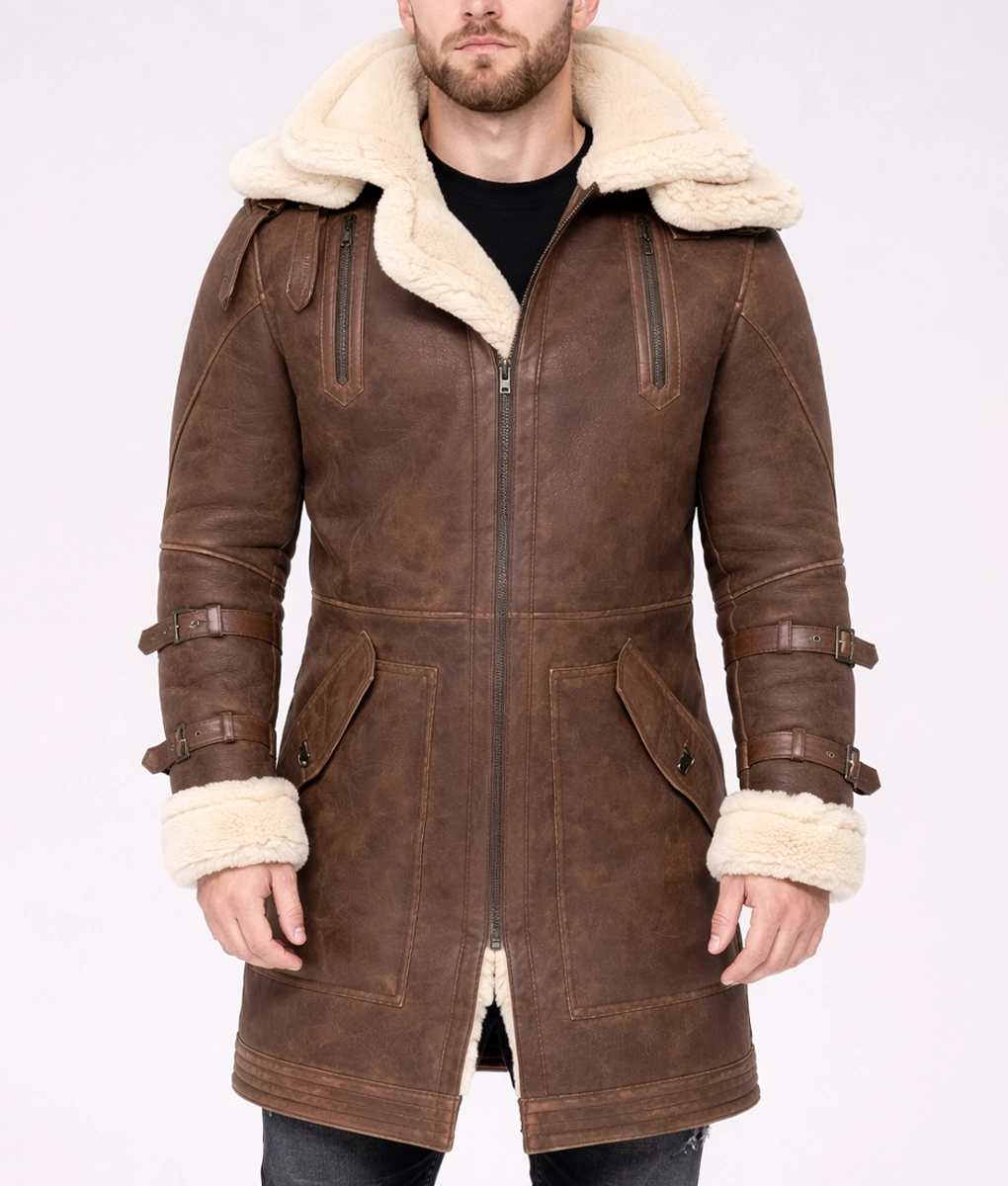 Greg Men's Brown Shearling Leather Winter Coat-Front