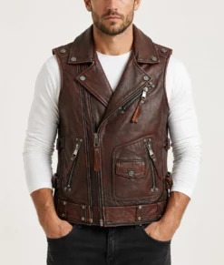 Jack Men's Asymmetrical Vintage Biker Leather Vest | Men's Brown