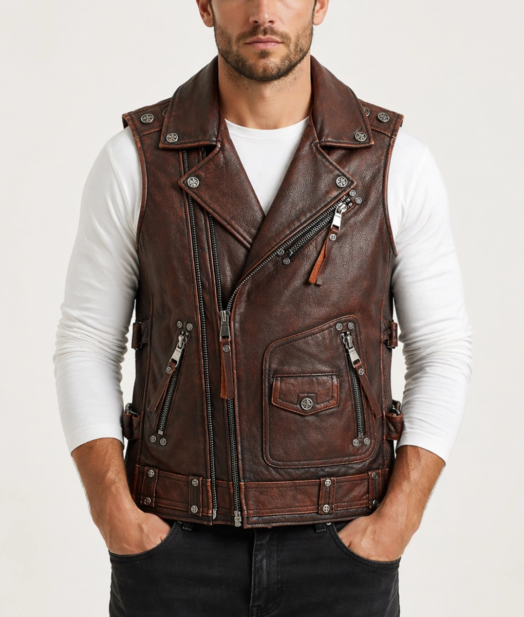 Jack Men's Asymmetrical Vintage Biker Leather Vest | Men's Brown