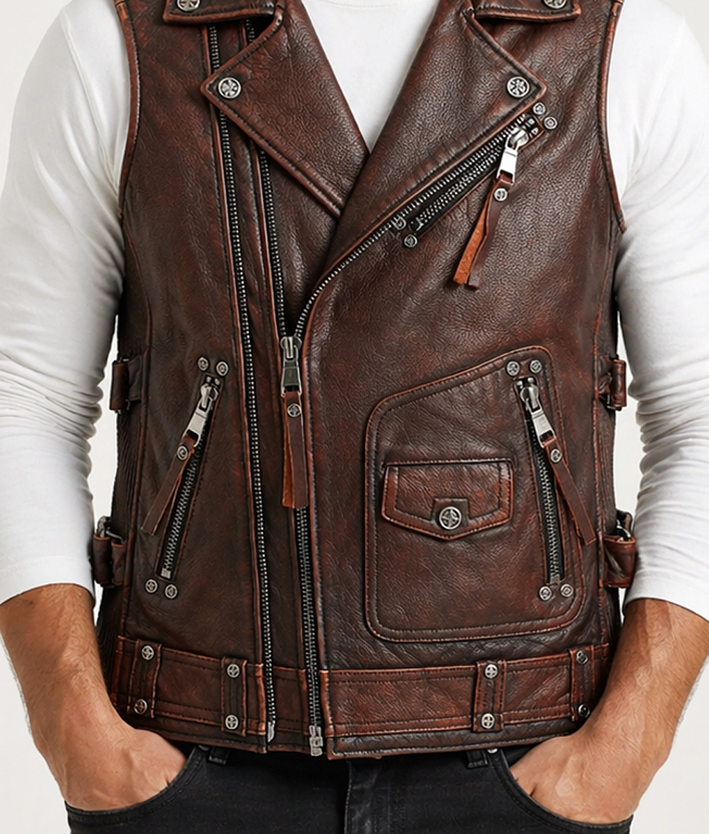 Jack Men's Asymmetrical Vintage Biker Leather Vest | Men's Brown