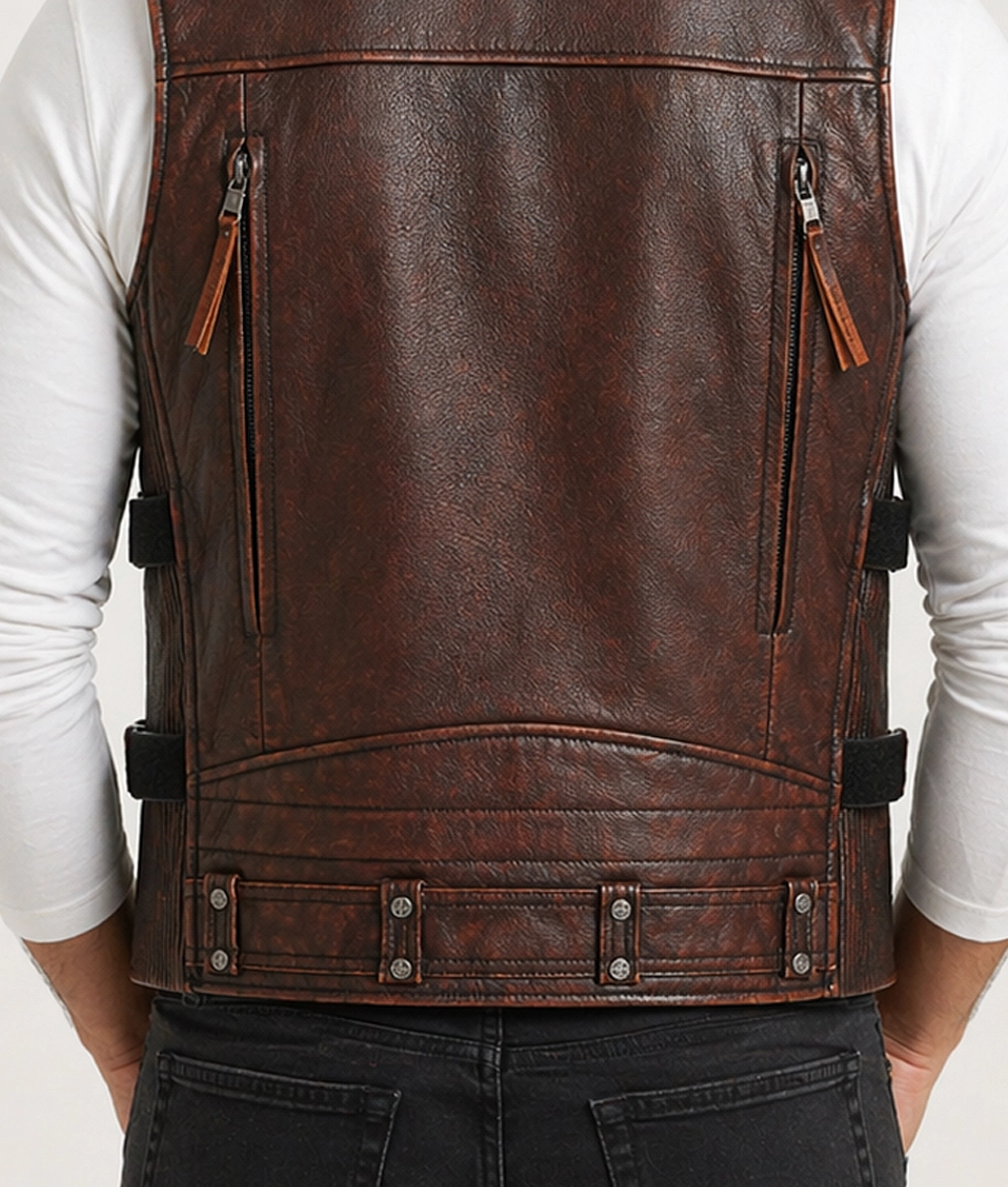 Jack Men's Asymmetrical Vintage Biker Leather Vest | Men's Brown