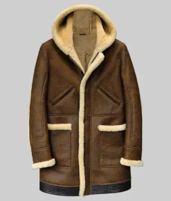 Jack Men's Brown Bomber Hooded Shearling Leather Winter Coat Men's Sheepskin Trench Coat NYC Jackets