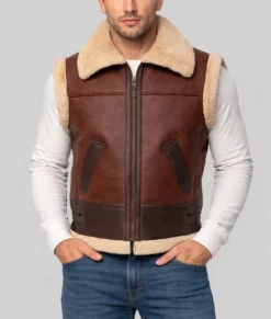 James Men's Brown Shearling Leather Vest-Front