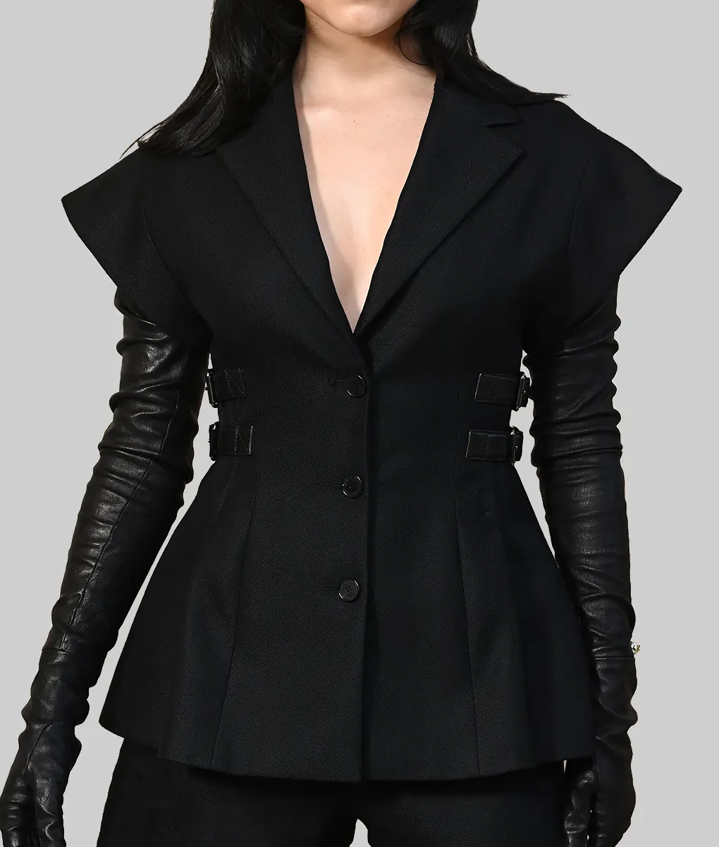 Jenna Ortega Black Sleeveless Blazer-Front View