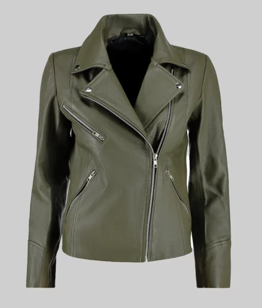 Jill Women's Green Moto Asymmetrical Double Rider Leather Jacket | Women's Minimalist Red Biker Jacket | NYC Jackets