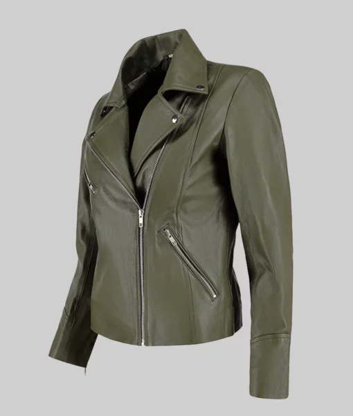 Jill Women's Green Moto Asymmetrical Double Rider Leather Jacket | Women's Minimalist Red Biker Jacket | NYC Jackets