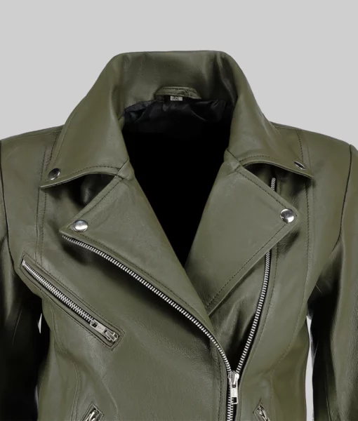 Jill Women’s Green Moto Asymmetrical Double Rider Leather Jacket - Image 5