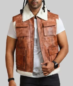 Jimmy Men's Brown Shearling Vintage Leather Vest Men's Shearling Collar Leather Vest NYC Jackets