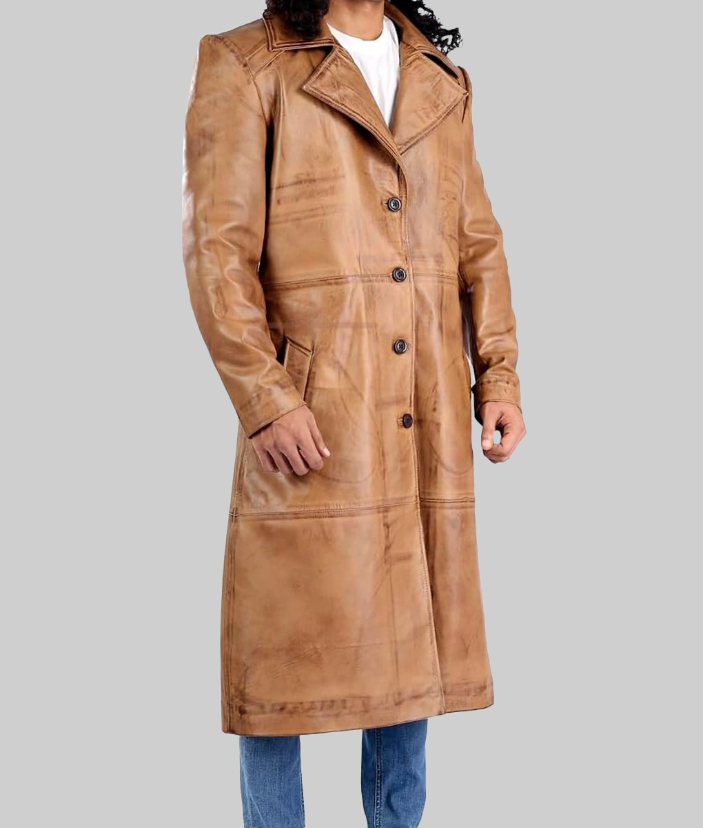 Kent Men's Old School Dark Brown Distressed Leather Duster Coat