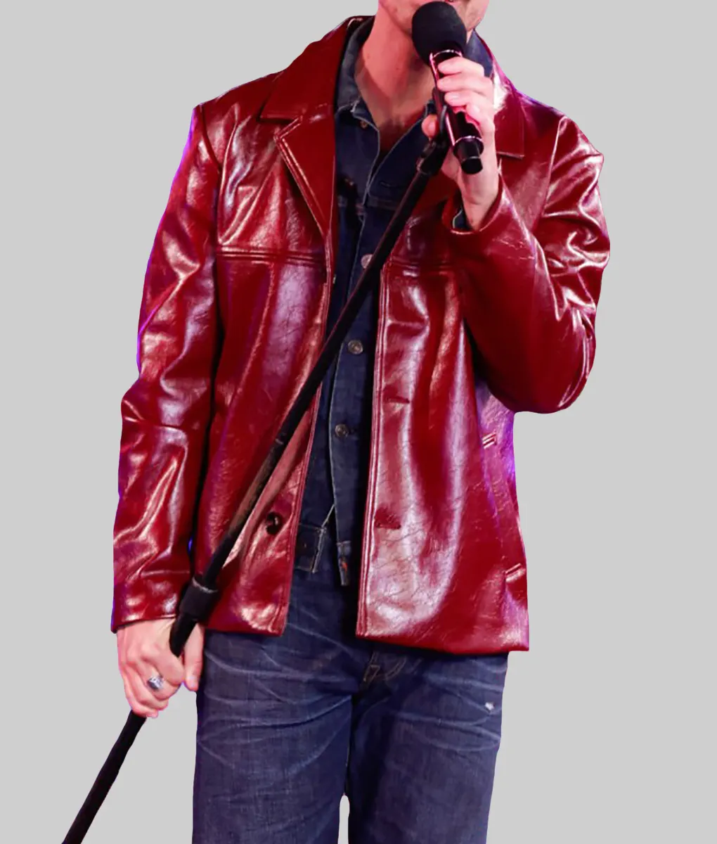 New Year's Eve Joe Jonas Red leather Jacket-Front View