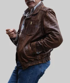 Old Guy Christoph Waltz Distressed Brown Leather Jacket-Side View