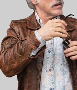 Old Guy Christoph Waltz Distressed Brown Leather Jacket-Front View