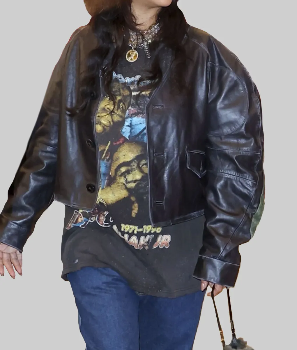 Rihanna V Neck Black Leather Jacket-Front View