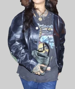 Rihanna V Neck Black Leather Jacket-Front View