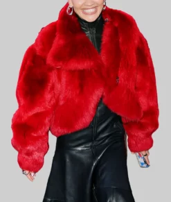 Rita Ora Red Fur Jacket-Front View