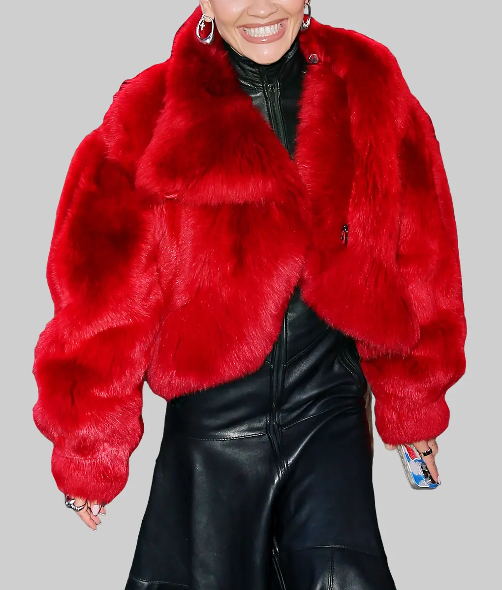 Rita Ora Red Fur Jacket-Front View