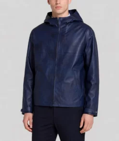 Sam Men's Blue Hooded Sheepskin Leather Jacket-Front