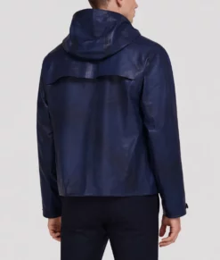 Sam Men's Blue Hooded Sheepskin Leather Jacket-Back