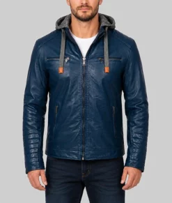 Sam Men's Hooded Navy Blue Cafe Racer Motorcycle Leather Jacket-Front