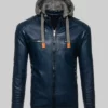 Sam Men's Hooded Navy Blue Cafe Racer Motorcycle Leather Jacket Men's Navy Blue Biker Racer Jacket NYC Jackets