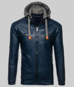 Sam Men's Hooded Navy Blue Cafe Racer Motorcycle Leather Jacket Men's Navy Blue Biker Racer Jacket NYC Jackets