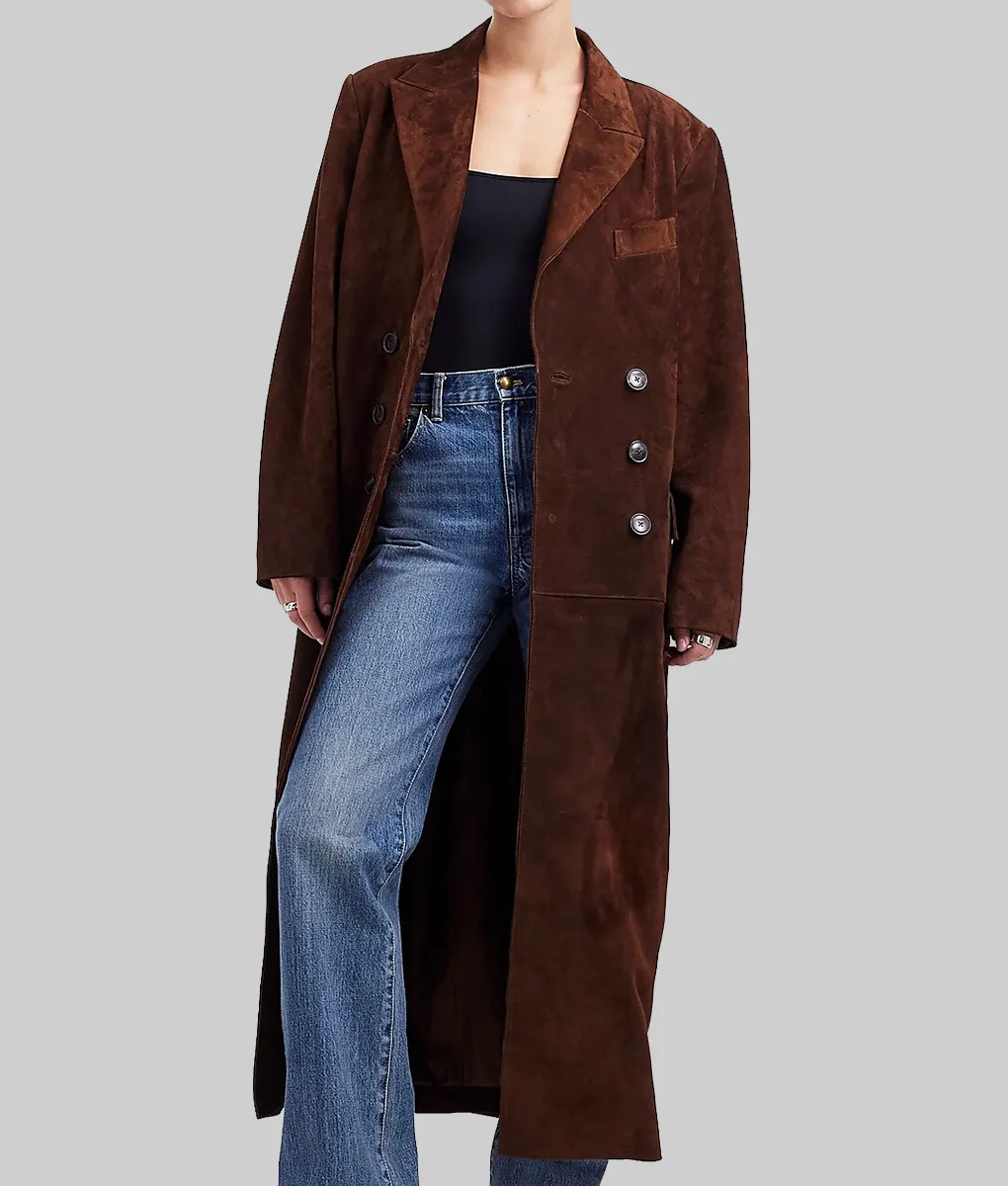 Selena Gomez Double Breasted Brown Suede Coat-Side View
