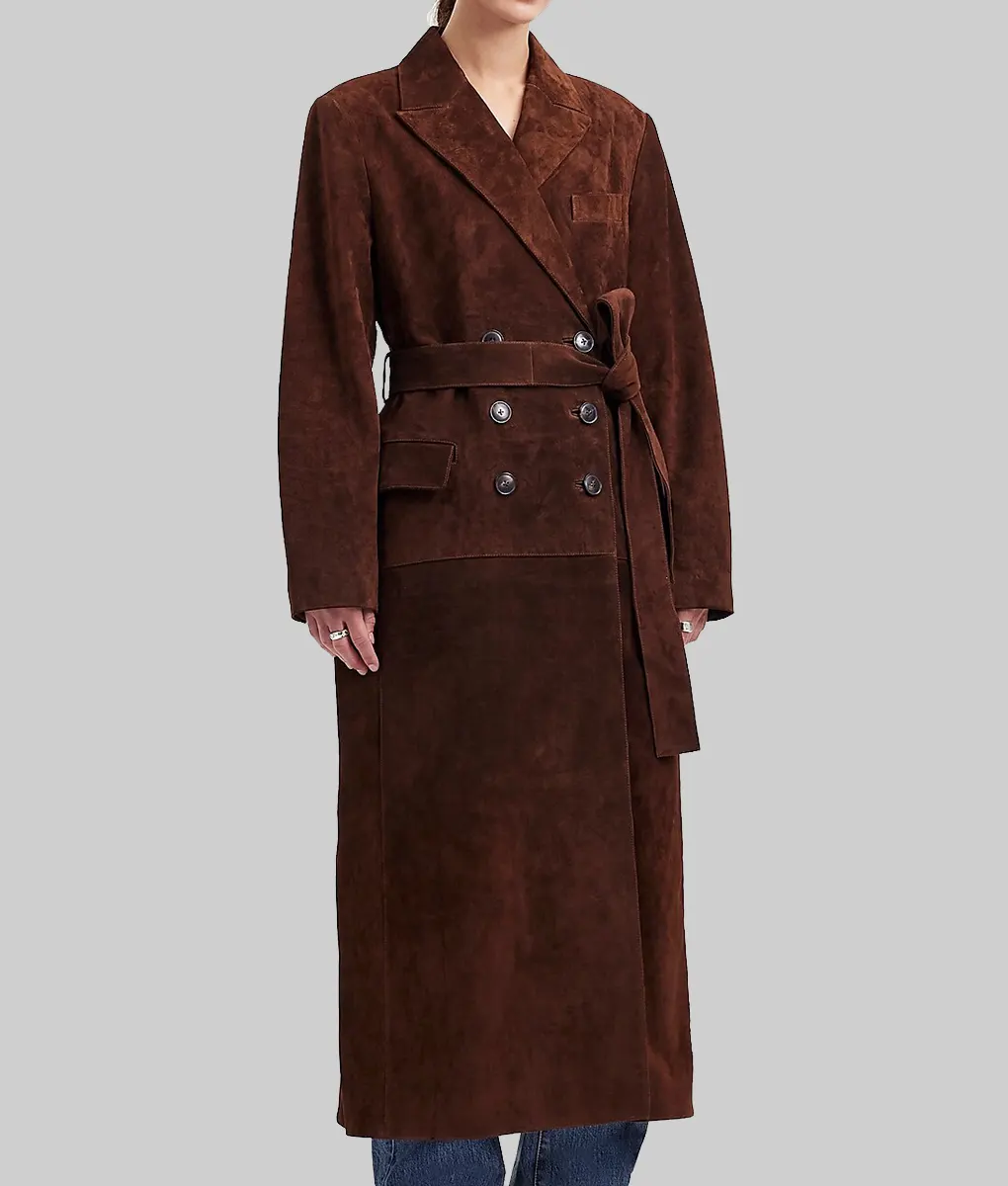 Selena Gomez Double Breasted Brown Suede Coat-Side View