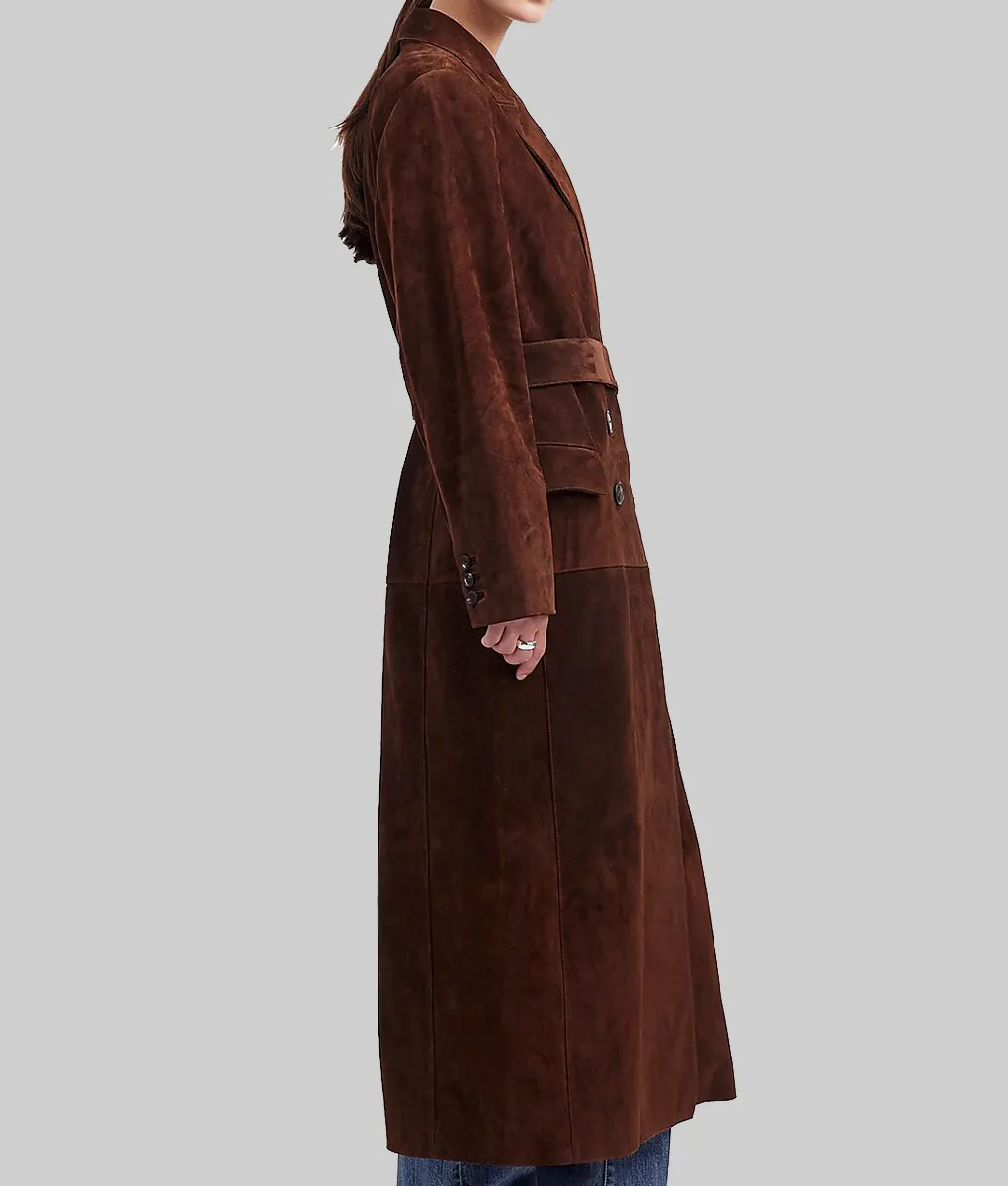 Selena Gomez Double Breasted Brown Suede Coat-Side View