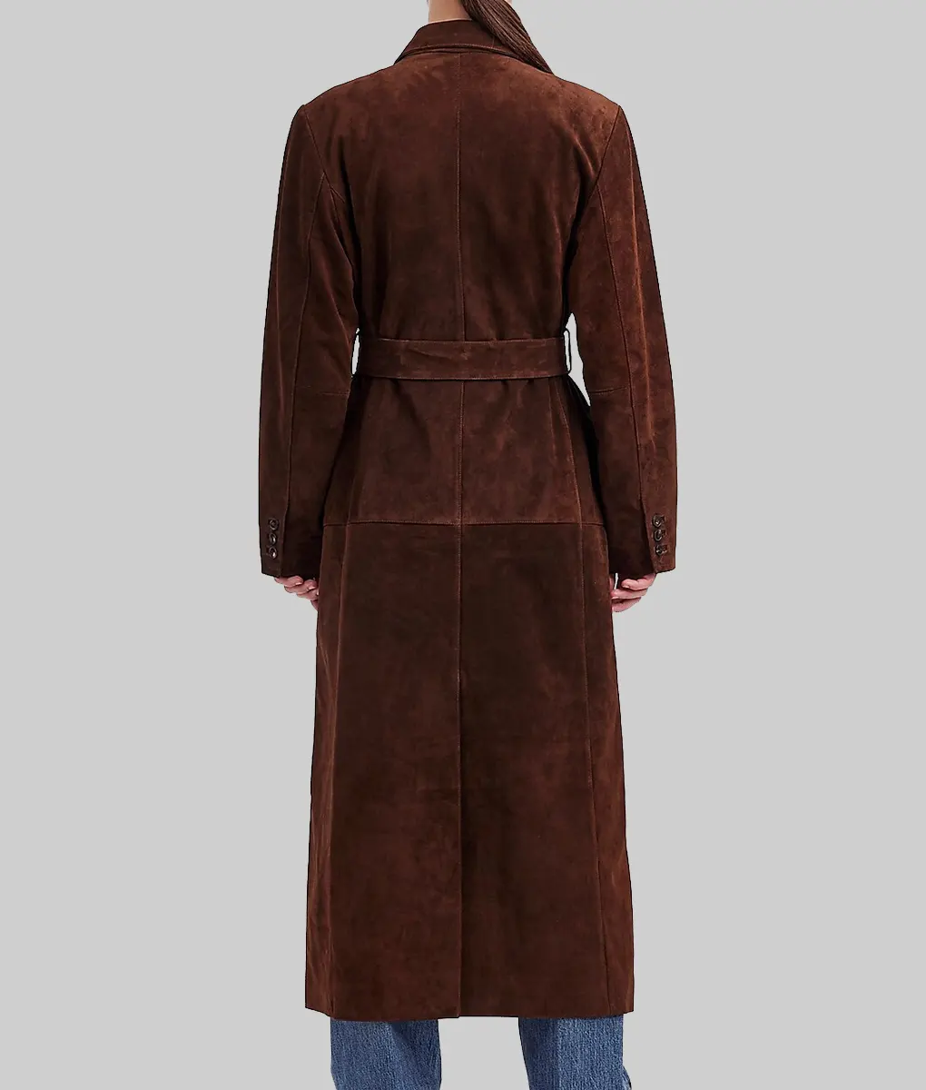 Selena Gomez Double Breasted Brown Suede Coat-Back View