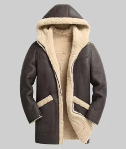 Zack Men's Brown Bomber Hooded Shearling Leather Winter Coat Men's Sheepskin Leather Coat NYC Jackets