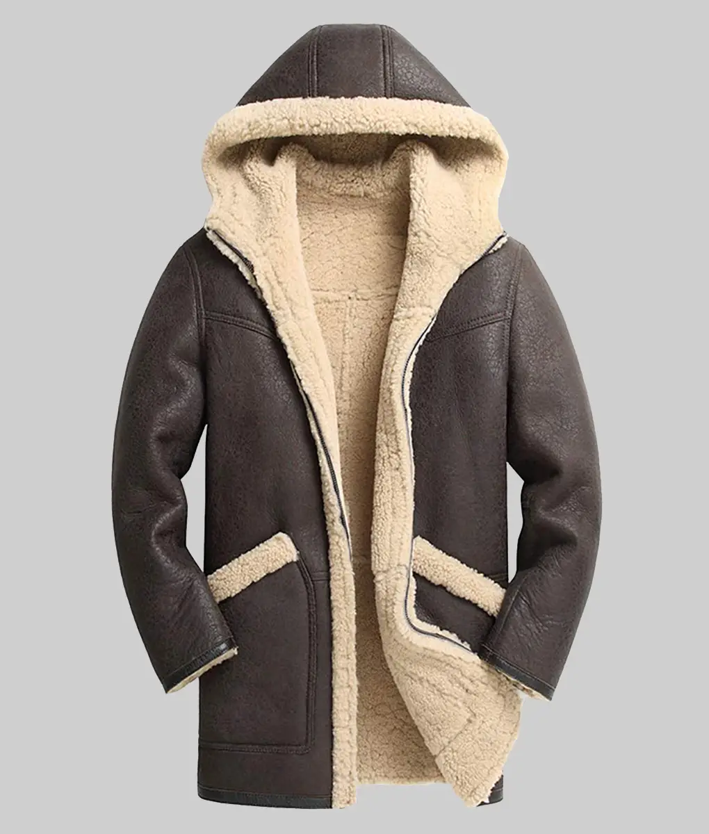Zack Men's Brown Bomber Hooded Shearling Leather Winter Coat