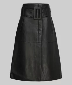 Christina Women’s Black Midi Leather Skirt With Wide Bukled Belt – A-line Silhouette