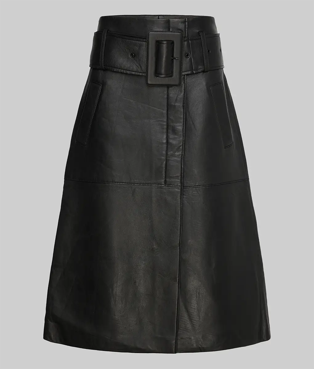 Christina Women’s Black Midi Leather Skirt With Wide Bukled Belt – A-line Silhouette