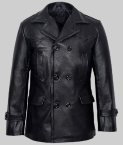 Danny Men's Double Breasted Black Leather Peacoat NYC Jackets