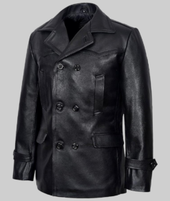 Danny Men's Double Breasted Black Leather Peacoat NYC Jackets