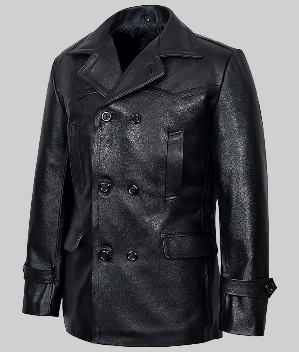 Danny Men's Double Breasted Black Leather Peacoat | NYC Jackets