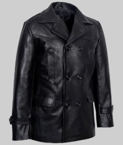 Danny Men's Double Breasted Black Leather Peacoat NYC Jackets