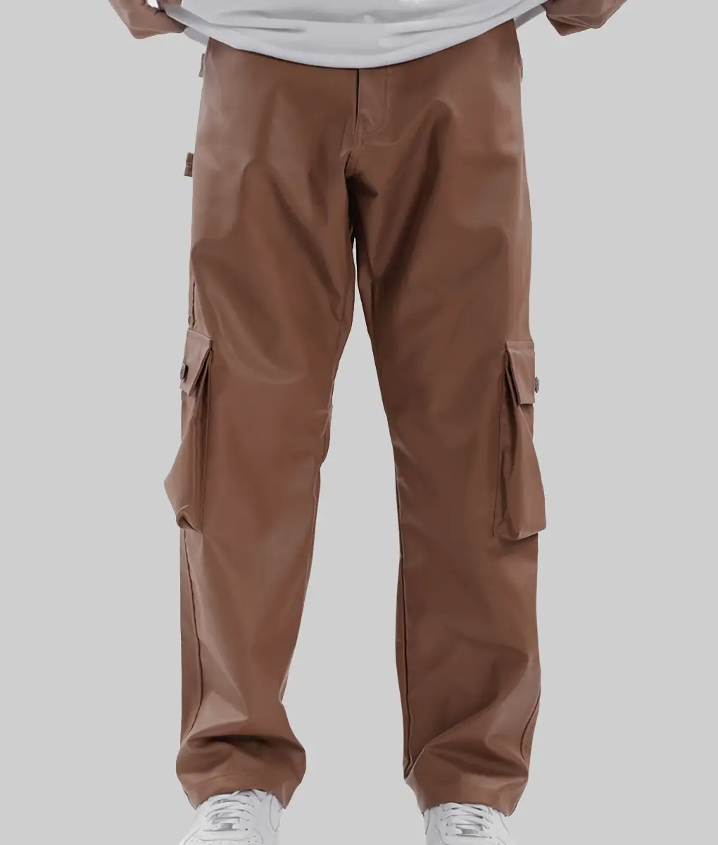 Dave Men's Brown Carpenter Leather Pants with Mid Waist