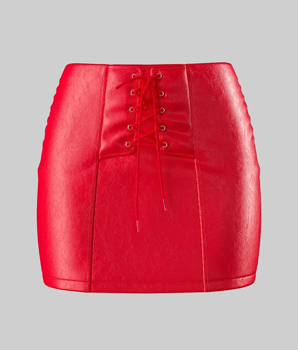 Eone Women's Red High Waist Lace Up Leather Skirt