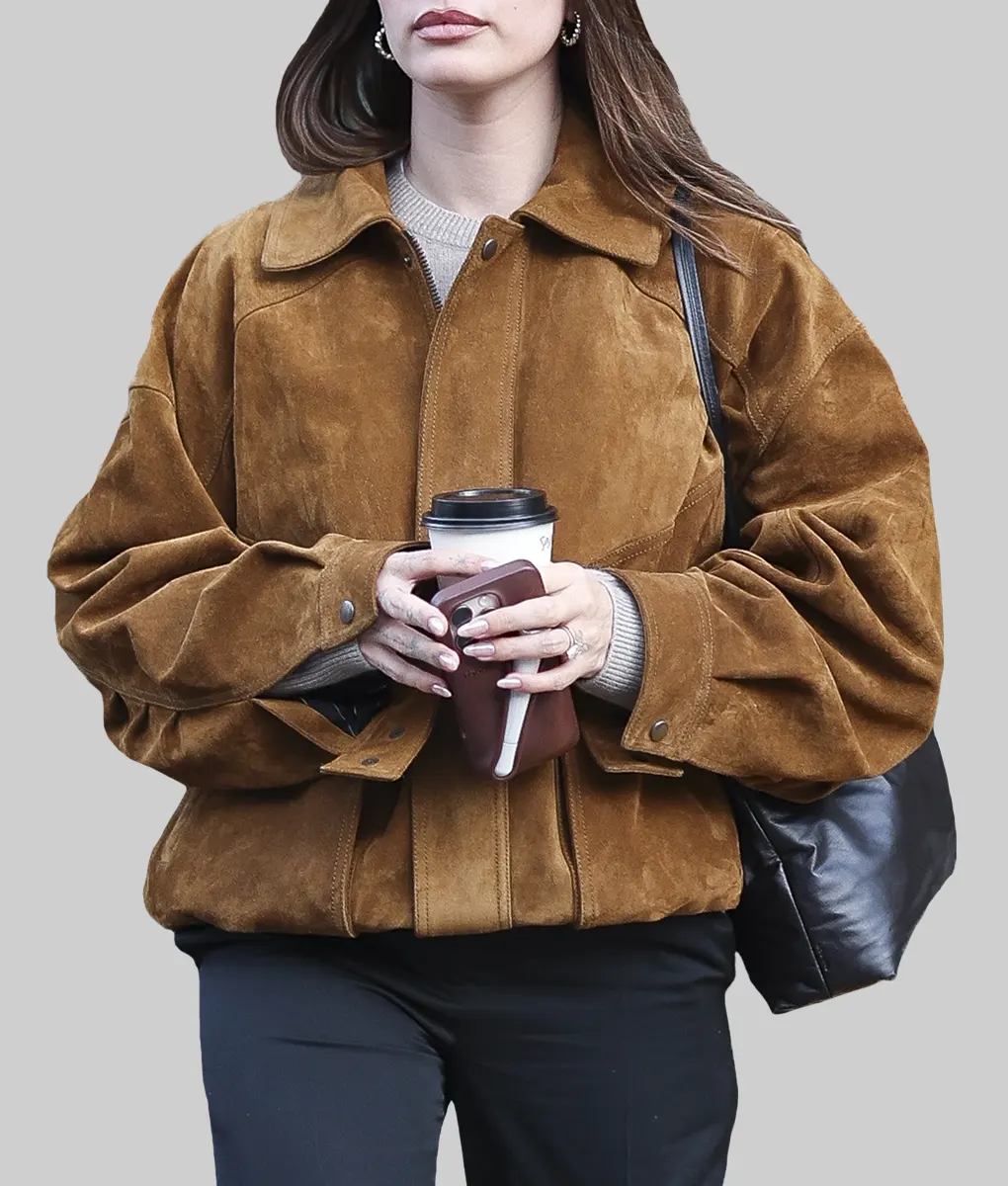 Hailey Bieber Brown Suede Bomber Jacket-Front View