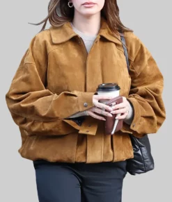 Hailey Bieber Brown Suede Bomber Jacket-Front View