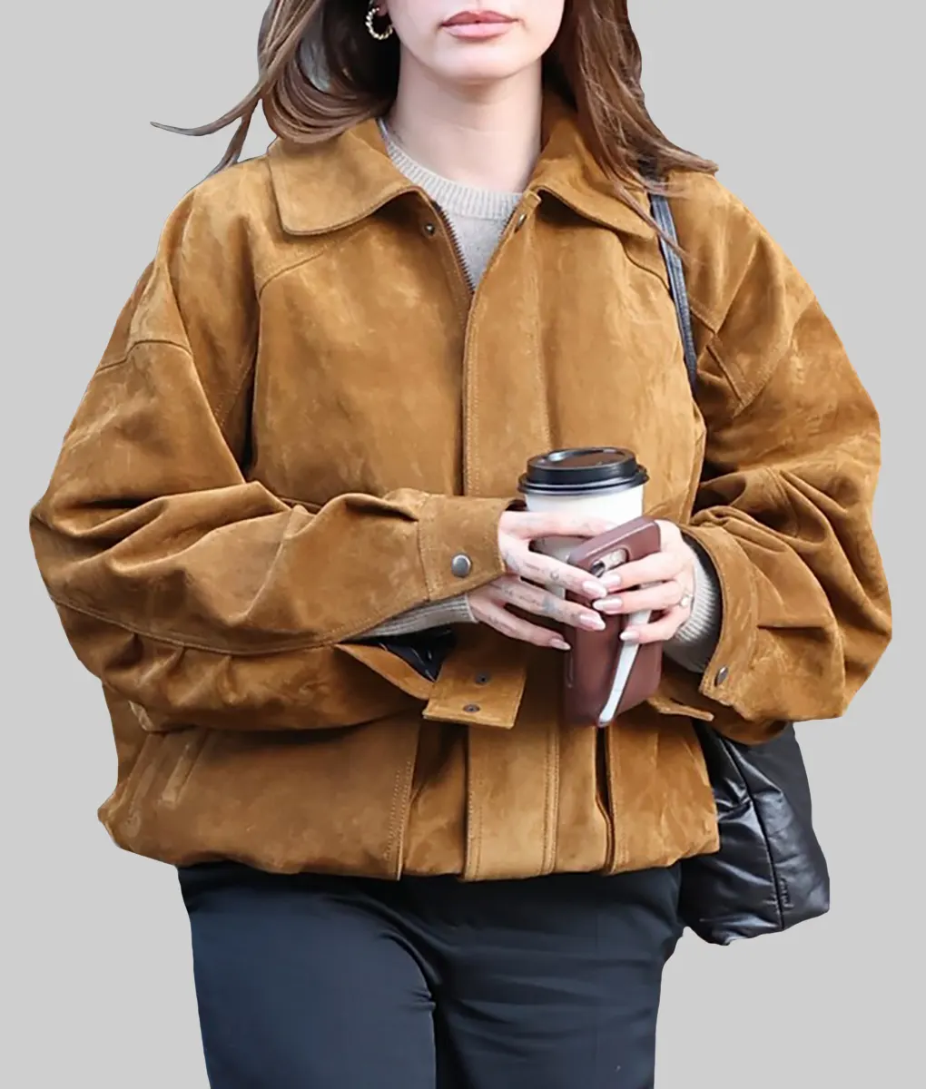 Hailey Bieber Brown Suede Bomber Jacket-Front View