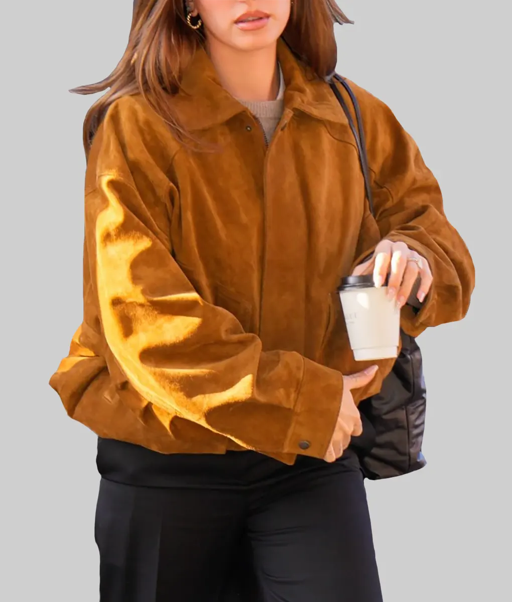 Hailey Bieber Brown Suede Bomber Jacket-Side View