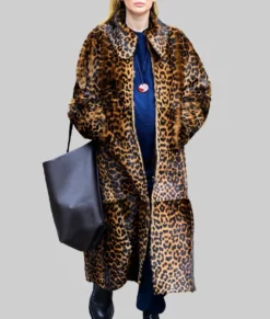 Jennifer Lawrence Leopard Print Fur Coat-Front View