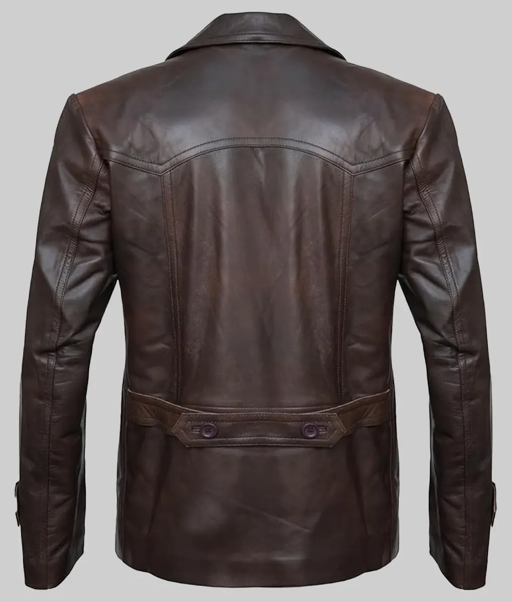 Jim Men's Double Breasted Brown Leather Peacoat NYC Jackets