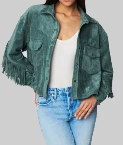 Joana Women's Western Style Green Fringed Leather Jacket NYC Jackets